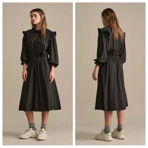 Bellerose Farrah Dress Midi Long-Sleeve Gingham Printed Prairie Ruffled Trim